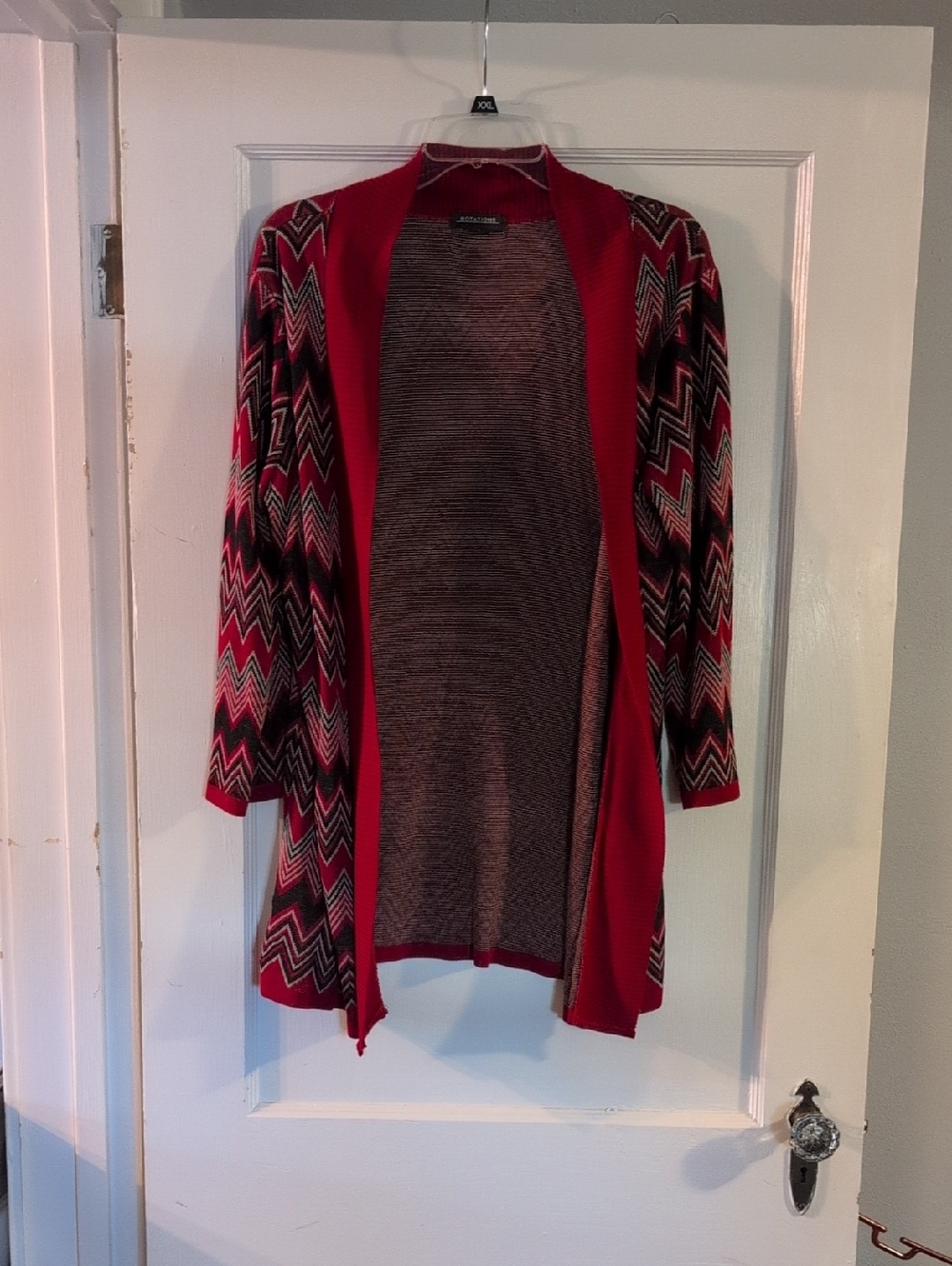 Notations Red Chevron Open Cardigan with Black & Pink Accents